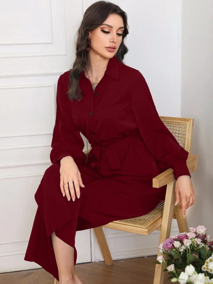 Women Solid Color Front Button Long Sleeve Casual Top And Pants Set
