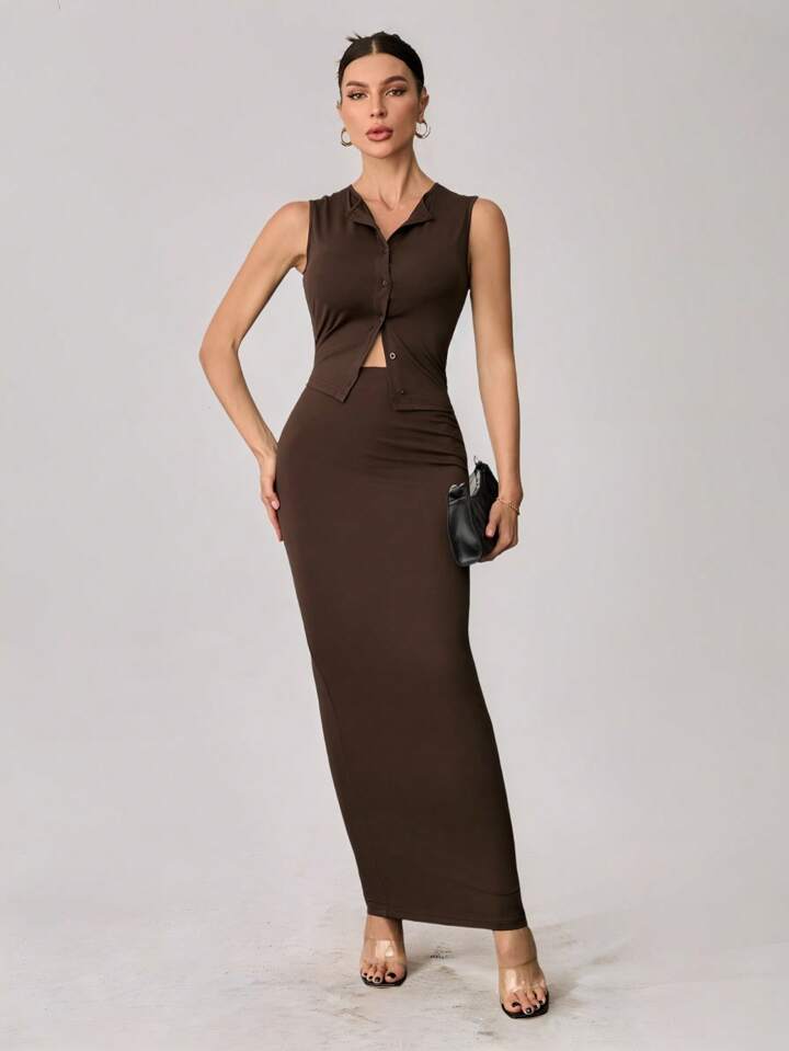 Women's Summer Casual Bottoming Sleeveless Long Skirt Slim Fit Suit and Elegant Top