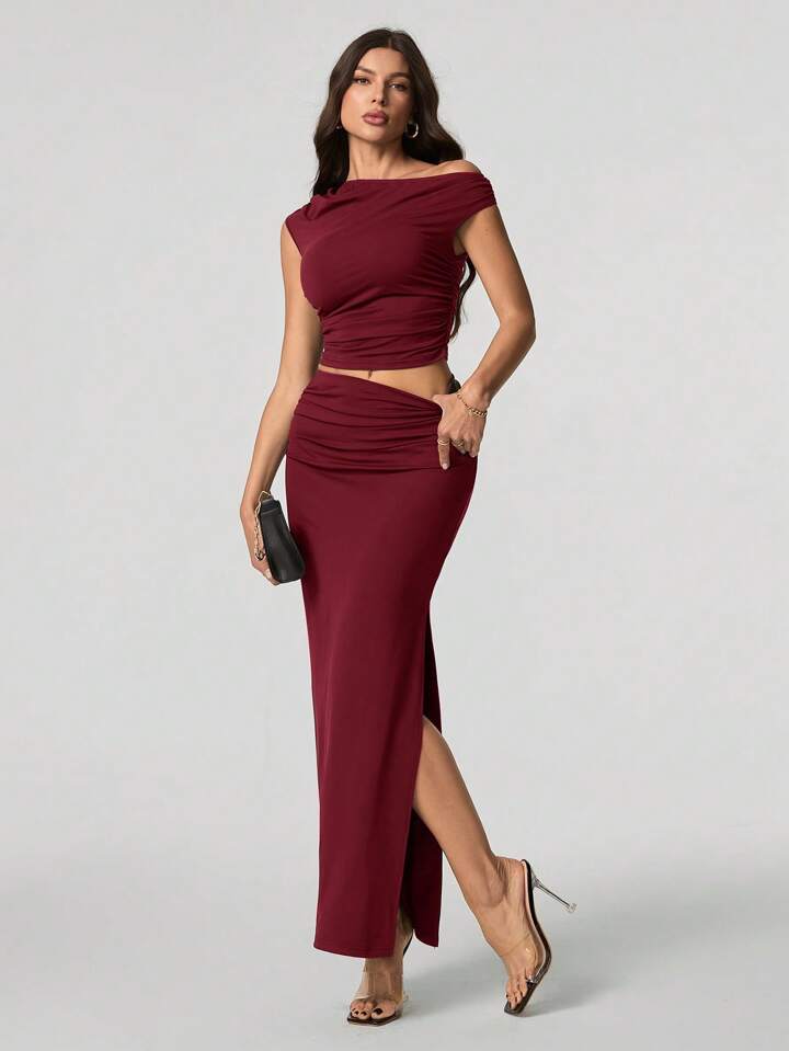 Women Oblique Shoulder Short Sleeve Top And Skirt Set