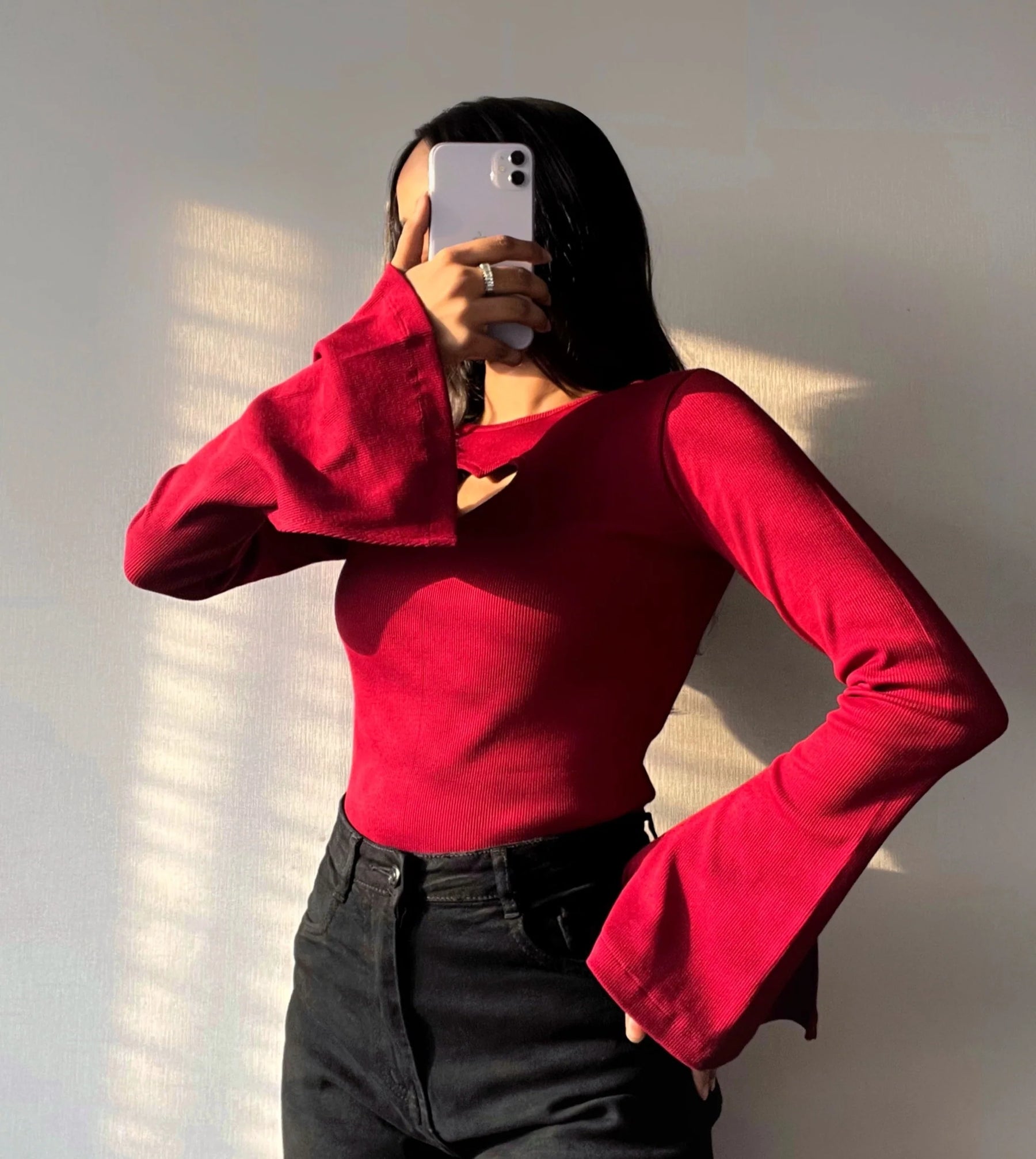 HEART CUT OUT LETTUCE TRIM MOCK NECK TRUMPET SLEEVE TEE