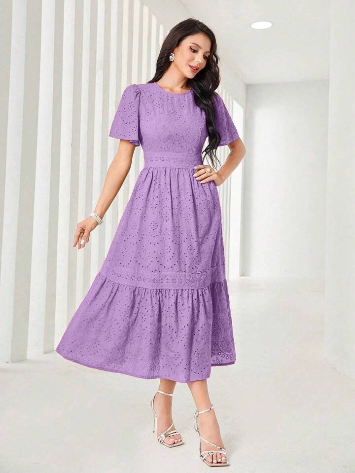 Women's Elegant Long Floral Embroidery Round Neck Ruffle Short Sleeve Dress