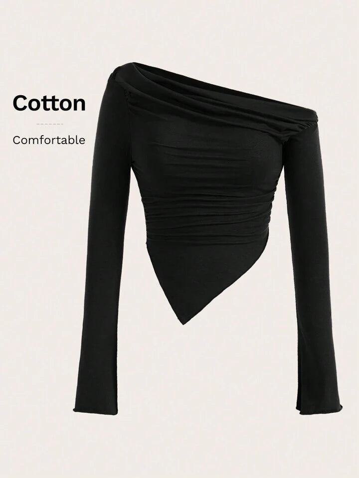 Women's Solid Brown Asymmetrical Ruched Asymmetrical Neck Hem jersey Long Sleeve Top