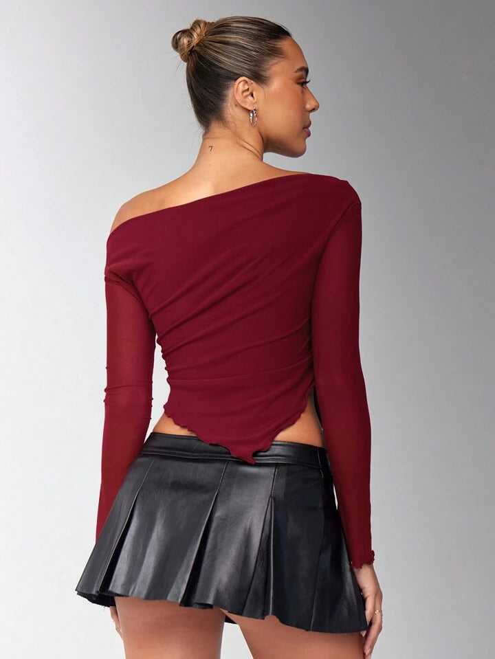 Women's Solid Brown Asymmetrical Ruched Asymmetrical Neck Hem jersey Long Sleeve Top