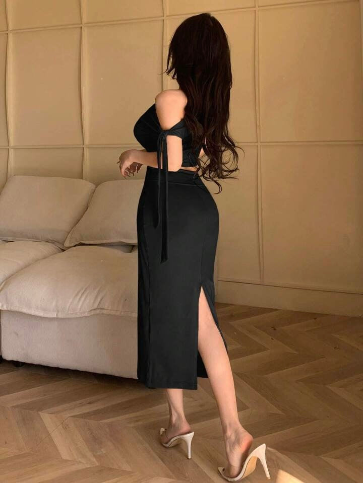 Asymmetric Neck Oblique Shoulder Tied Strap Simple Top & Slim Fit Skirt Two Pieces Set
