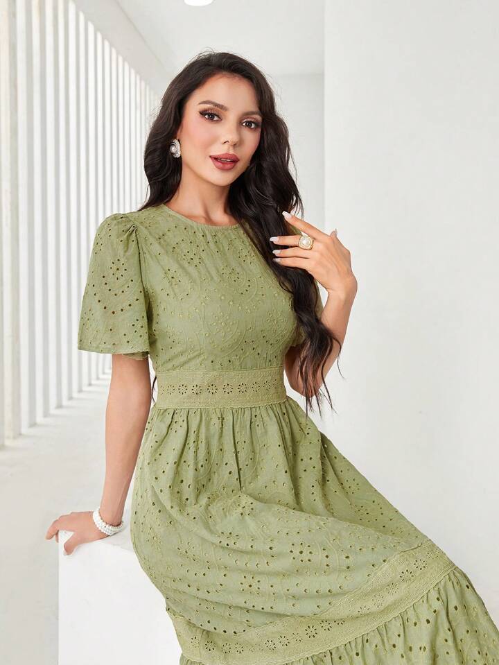Women's Elegant Long Floral Embroidery Round Neck Ruffle Short Sleeve Dress