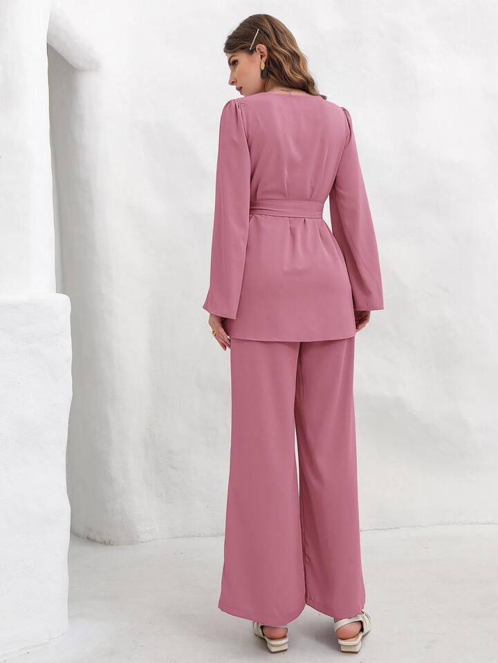 Bell Sleeve Belted Blouse With Wide Leg Pants