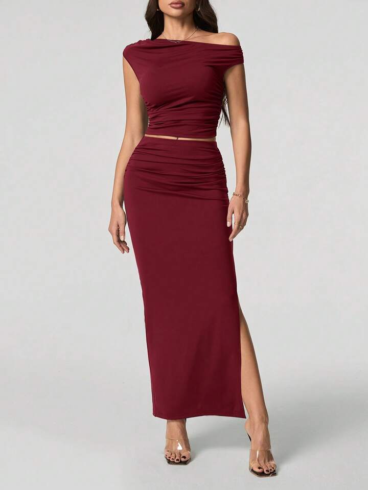 Women Oblique Shoulder Short Sleeve Top And Skirt Set