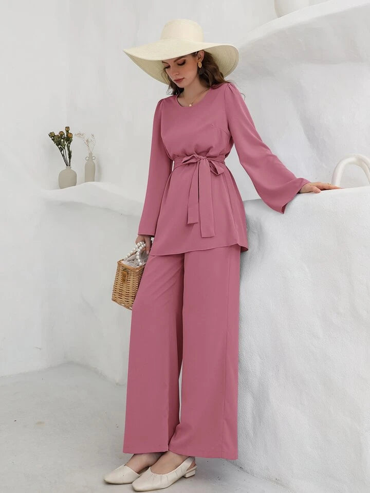 Bell Sleeve Belted Blouse With Wide Leg Pants
