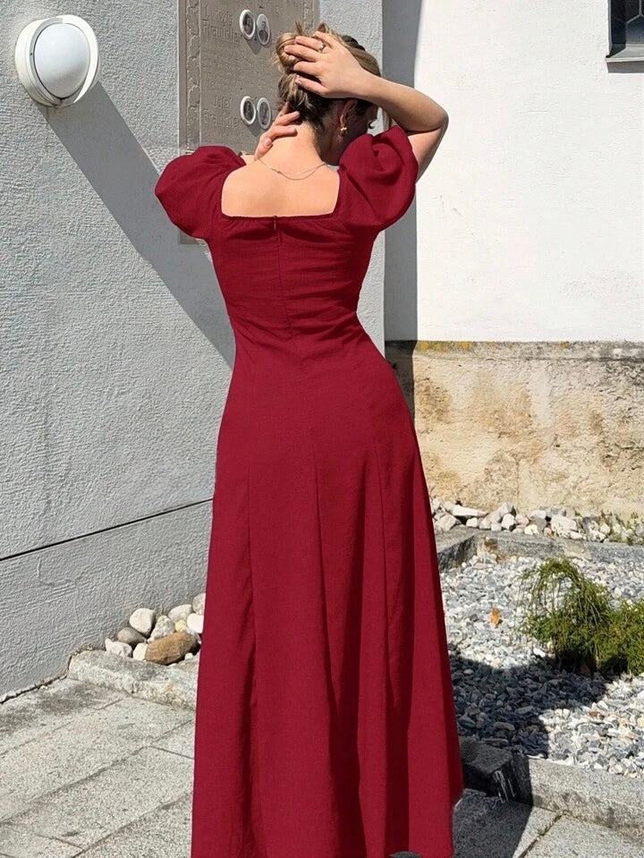 Solid Square Neck Bishop Sleeve Dress, Elegant