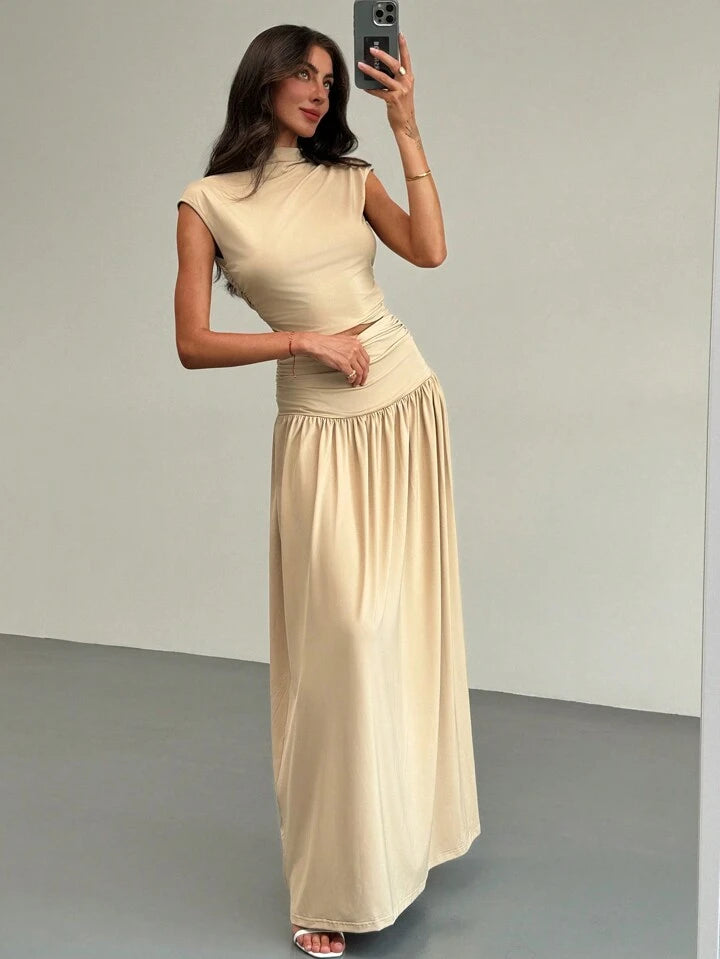 2PCS/SET STAND COLLAR RUCHED BLOUSE AND HIGH WAIST SKIRT SET