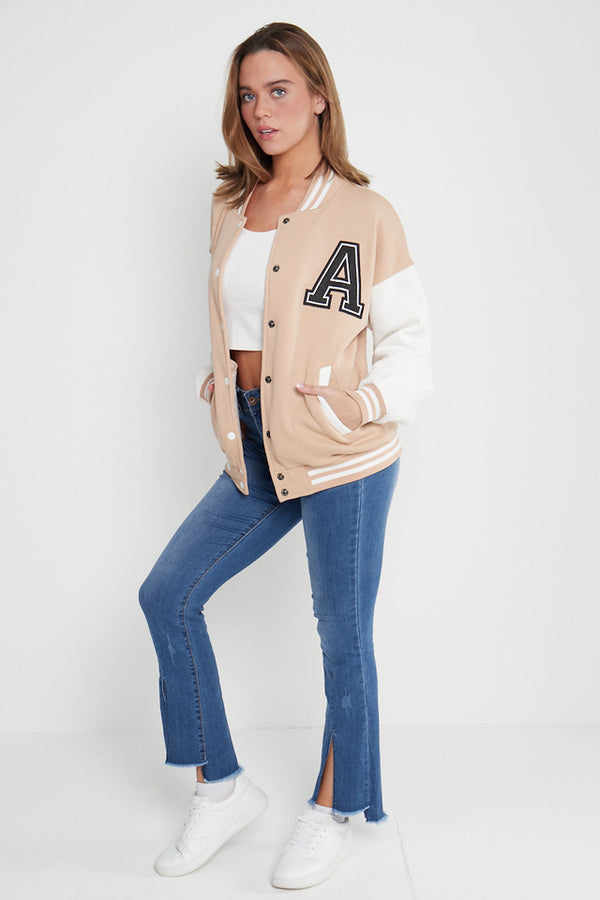 A SLOGAN LONG VERSITY BASEBALL JACKET- BEIGE