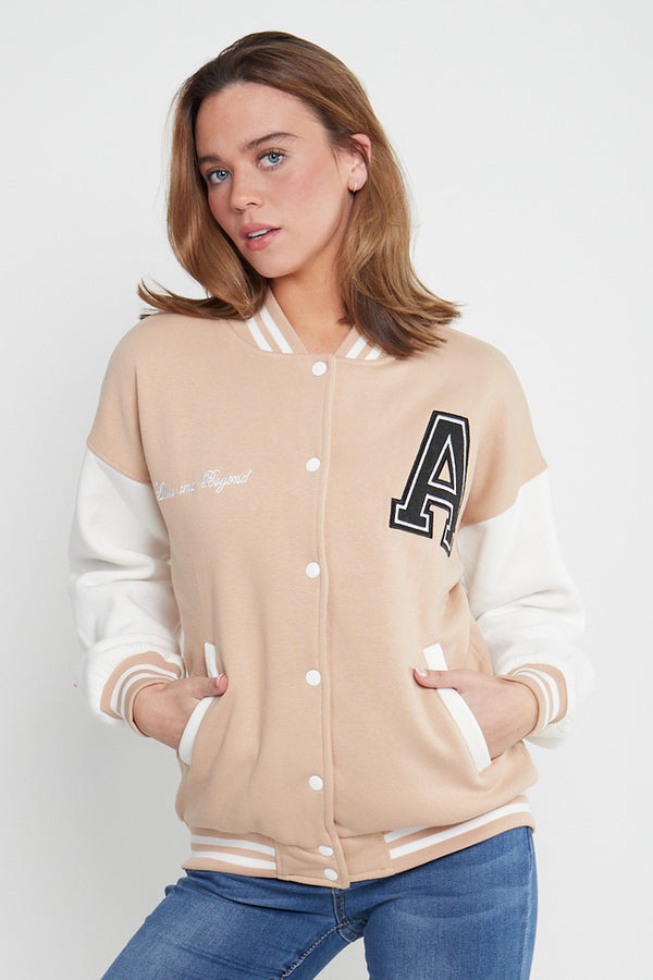 A SLOGAN LONG VERSITY BASEBALL JACKET- BEIGE
