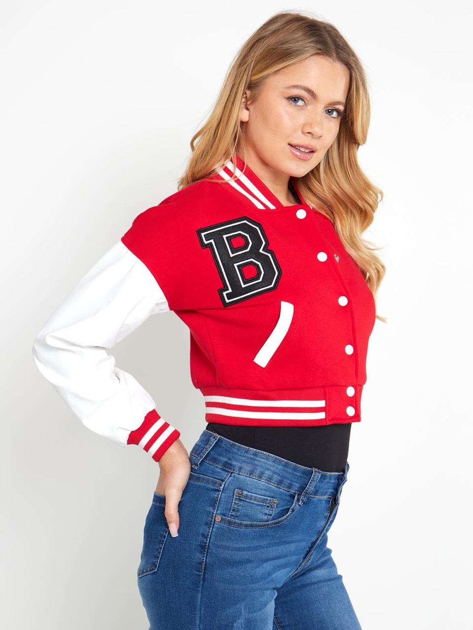 B SLOGAN CROPED VERSITY BASEBALL JACKET