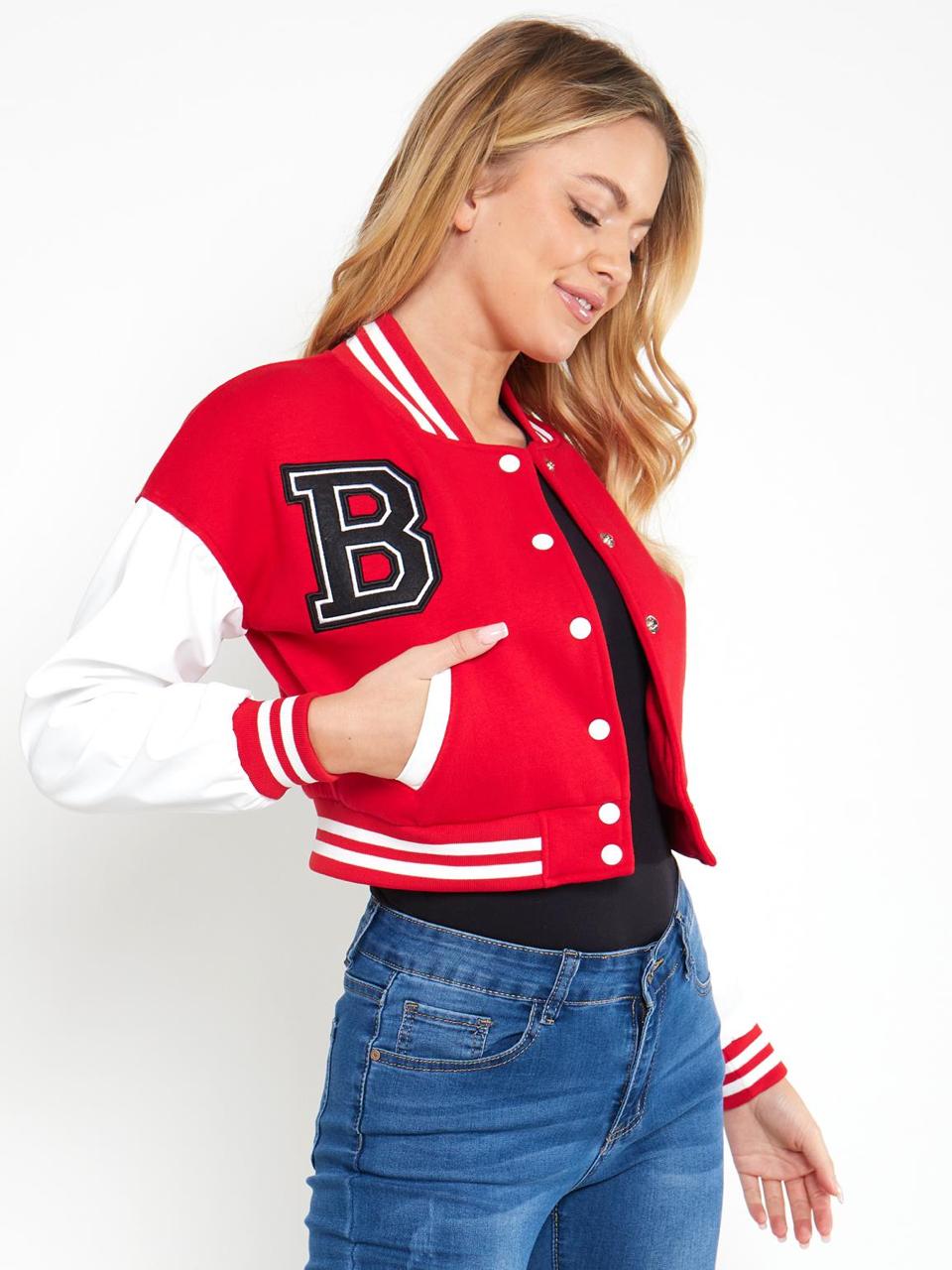 B SLOGAN CROPED VERSITY BASEBALL JACKET