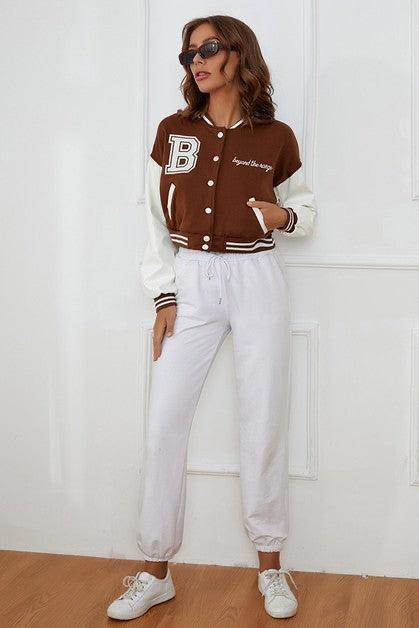 B SLOGAN CROPED VERSITY BASEBALL JACKET