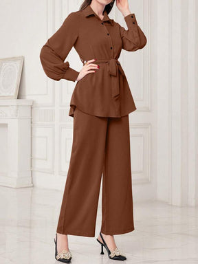 Women Solid Color Front Button Long Sleeve Casual Top And Pants Set