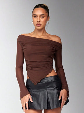 Women's Solid Brown Asymmetrical Ruched Asymmetrical Neck Hem jersey Long Sleeve Top