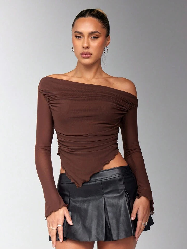 Women's Solid Brown Asymmetrical Ruched Asymmetrical Neck Hem jersey Long Sleeve Top