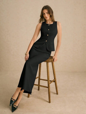 Women's Cardigan Button Sleeveless Vest Tank Top And Mermaid Hem Fitted Pencil Skirt Suit Set