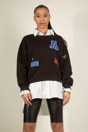 BADGE MOTIF SWEATSHIRT WITH SHIRT UNDERLAY
