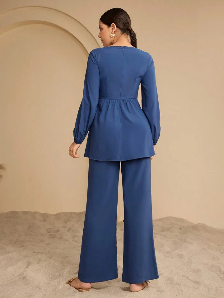 Women's Navy Blue Elegant Cinched Waist Long Sleeve Top + Long Pants Suit Set