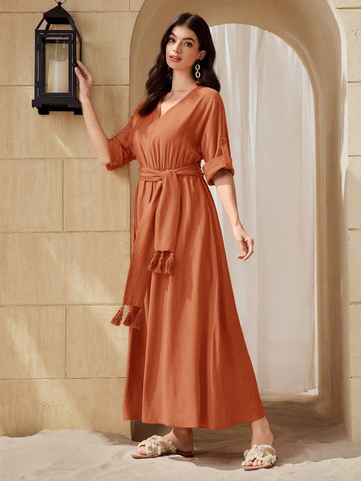 Women's V-Neck Solid Color Waist Belt And Tassel Decorated Elegant Arabic Summer Dress