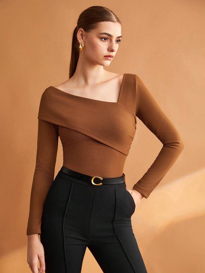 Women Solid Elastic Foldable Slim Asymmetric Collar Long Sleeve Casual Top