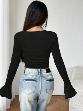 Women's Solid Color Bell Sleeve Crop T-Shirt With Tassel Detail