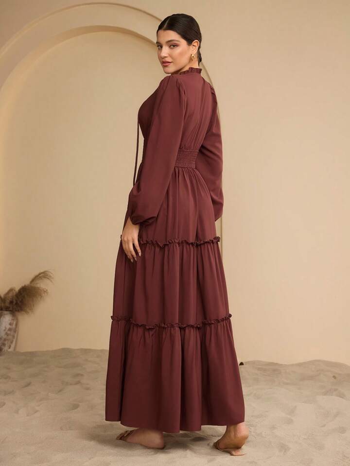 Women's Extra Long Ruffled Tiered A-Line Waist Cinching Long Dress