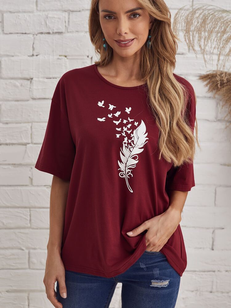 FEATHER AND HEART PRINT TEE-BLACK