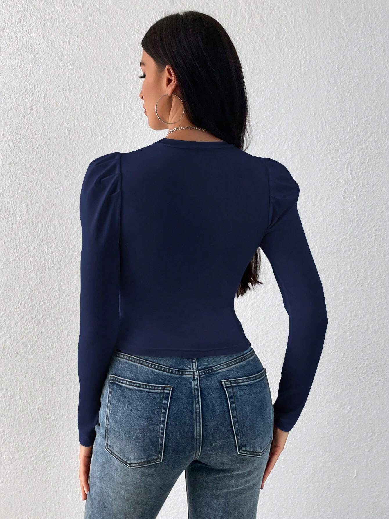 WOMEN'S SOLIDCOLOUR ROUND NECK PUFF LONG SLEEVES SLIM FIT T-SHIRT
