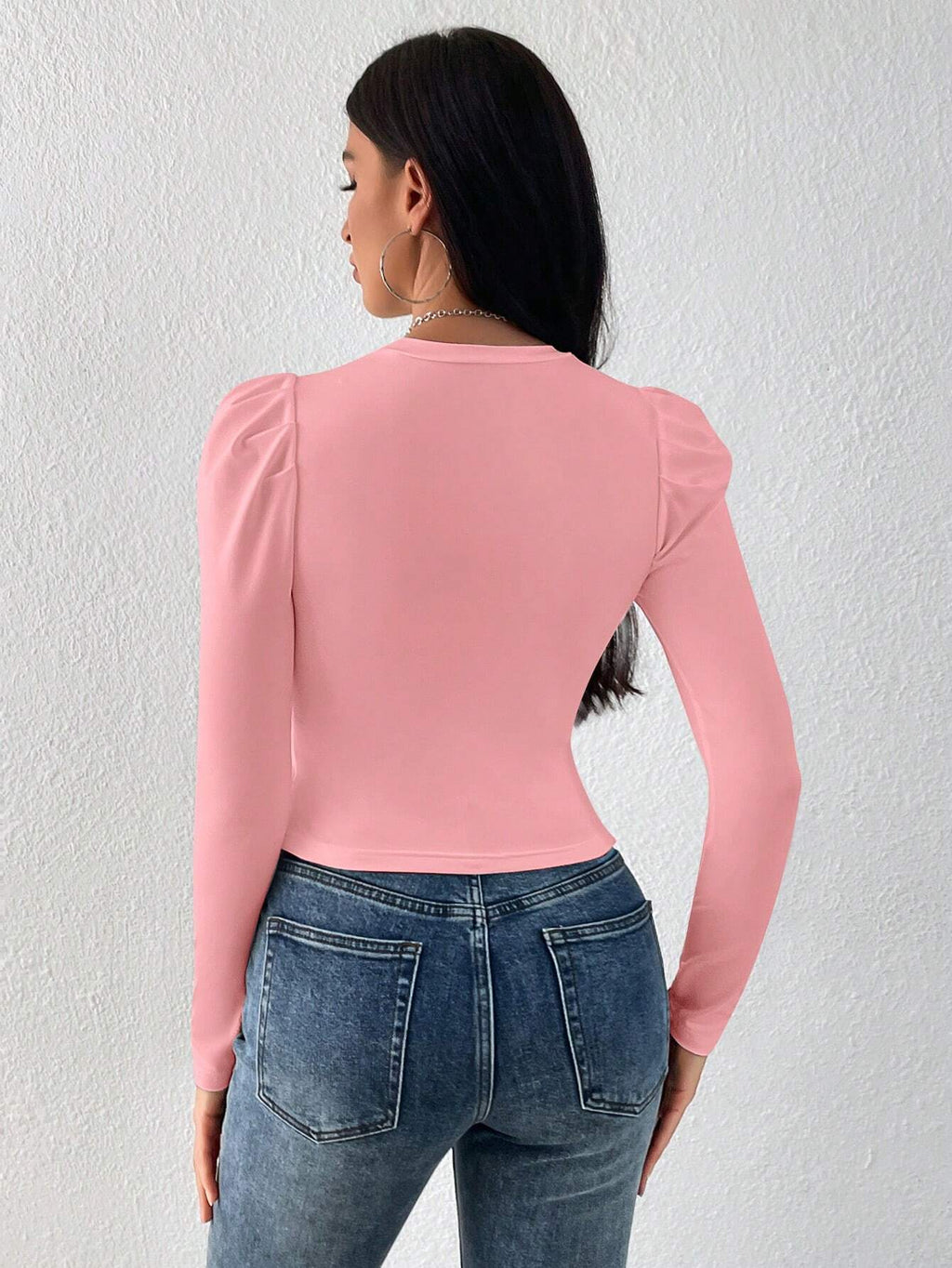 WOMEN'S SOLIDCOLOUR ROUND NECK PUFF LONG SLEEVES SLIM FIT T-SHIRT