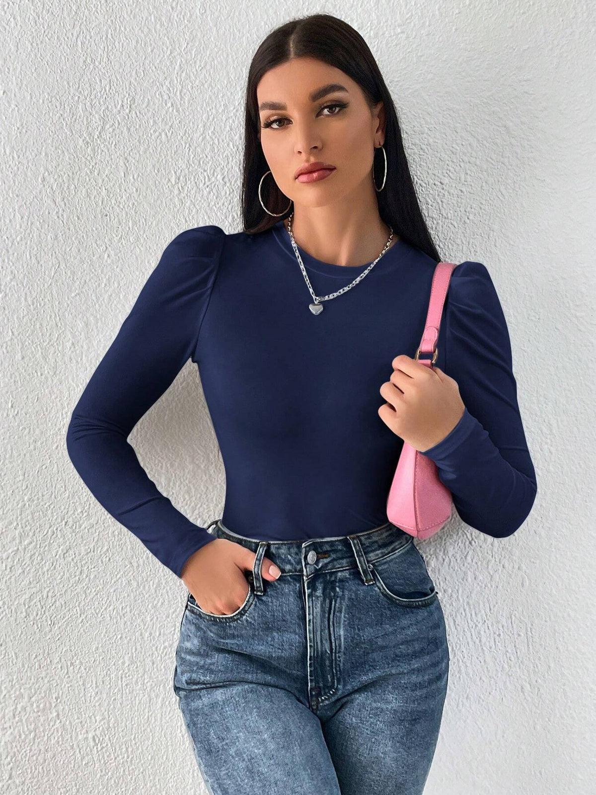 WOMEN'S SOLIDCOLOUR ROUND NECK PUFF LONG SLEEVES SLIM FIT T-SHIRT