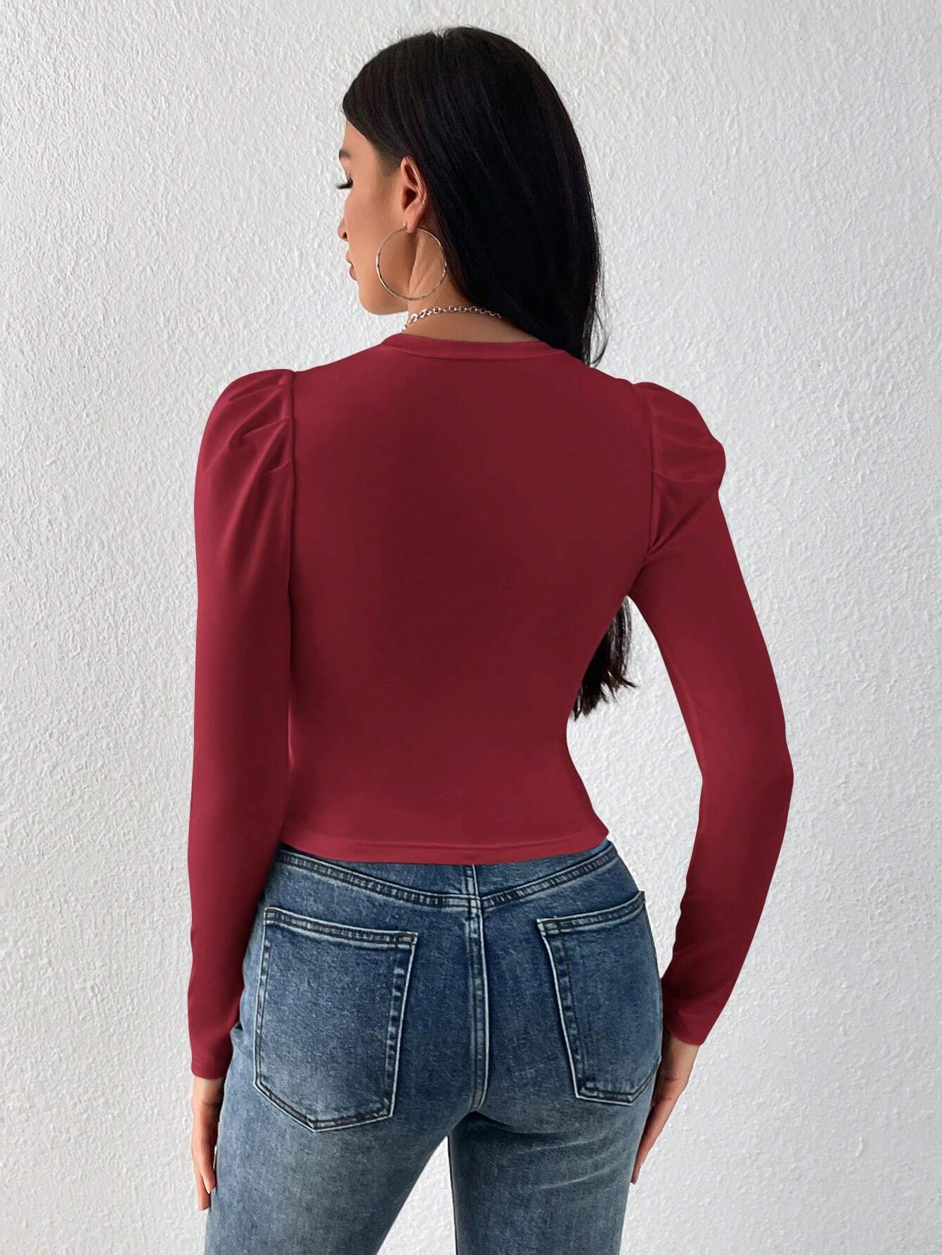 WOMEN'S SOLIDCOLOUR ROUND NECK PUFF LONG SLEEVES SLIM FIT T-SHIRT