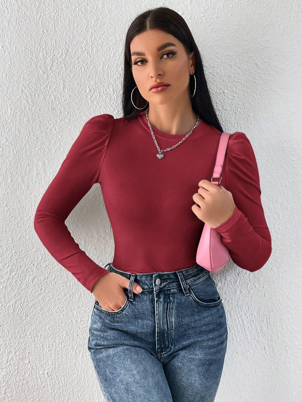 WOMEN'S SOLIDCOLOUR ROUND NECK PUFF LONG SLEEVES SLIM FIT T-SHIRT