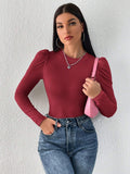 WOMEN'S SOLIDCOLOUR ROUND NECK PUFF LONG SLEEVES SLIM FIT T-SHIRT