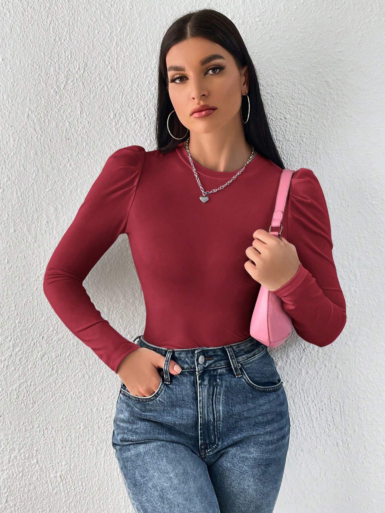 WOMEN'S SOLIDCOLOUR ROUND NECK PUFF LONG SLEEVES SLIM FIT T-SHIRT