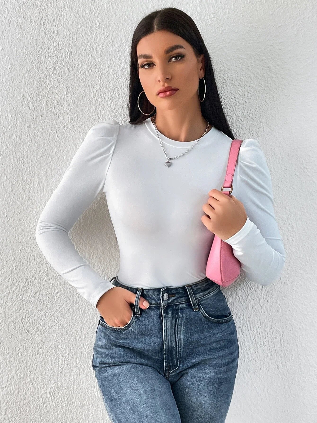 WOMEN'S SOLIDCOLOUR ROUND NECK PUFF LONG SLEEVES SLIM FIT T-SHIRT
