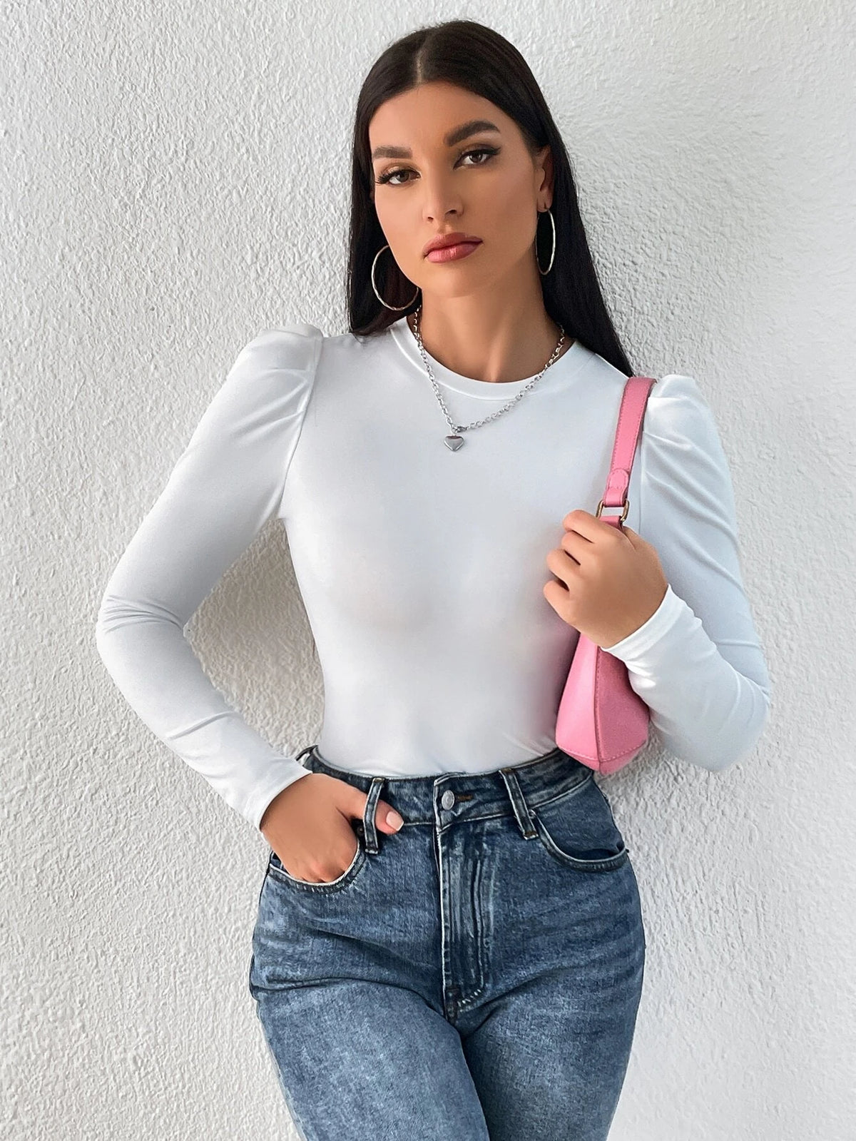 WOMEN'S SOLIDCOLOUR ROUND NECK PUFF LONG SLEEVES SLIM FIT T-SHIRT