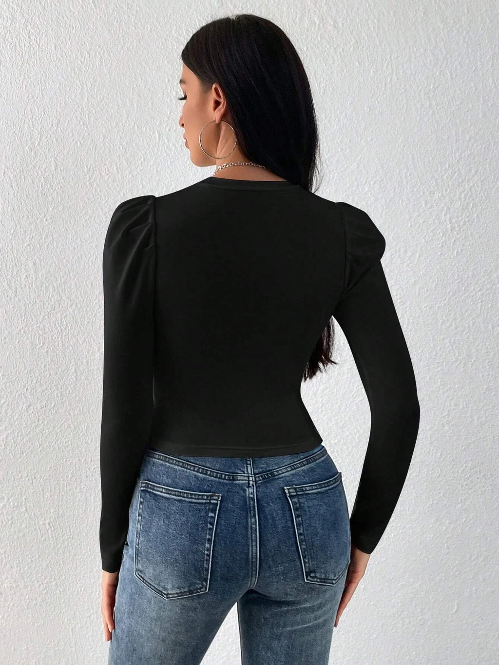 WOMEN'S SOLIDCOLOUR ROUND NECK PUFF LONG SLEEVES SLIM FIT T-SHIRT