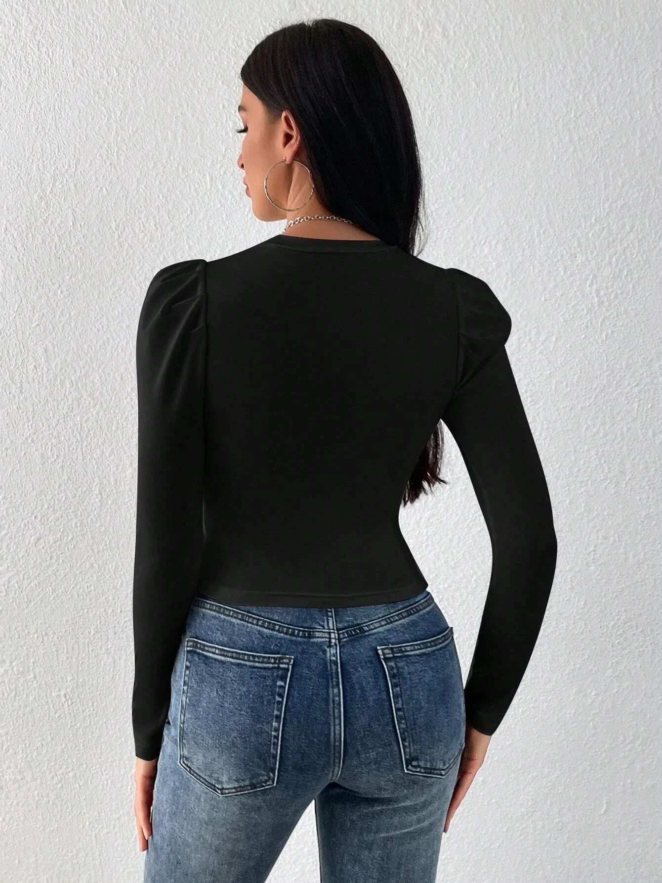 WOMEN'S SOLIDCOLOUR ROUND NECK PUFF LONG SLEEVES SLIM FIT T-SHIRT