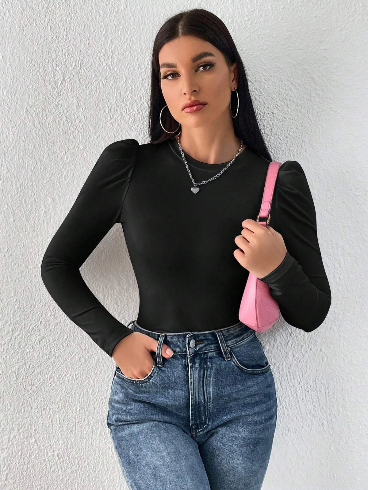 WOMEN'S SOLIDCOLOUR ROUND NECK PUFF LONG SLEEVES SLIM FIT T-SHIRT