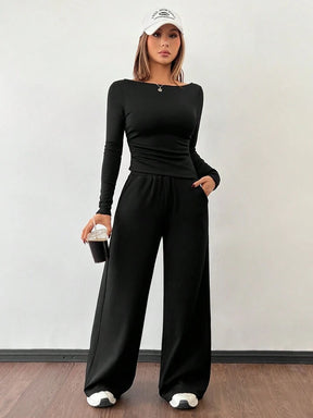 CASUAL 2PCS KNITTED SLIM TOP & WIDE LEG PANTS