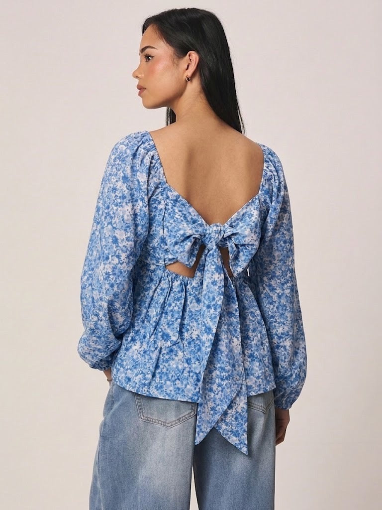 WOMEN DITSY FLORAL BACK BOW SQUARE  NECK FULL SLEEVES TOP