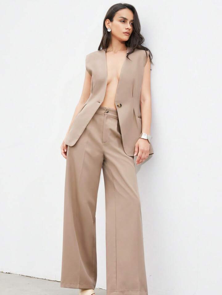 Minimalist office wear v-neck cinched waist west two piece set
