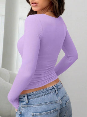 Women Plain Crew Neck Long Sleeve Ruched Fitted Slim Fit T-Shirt