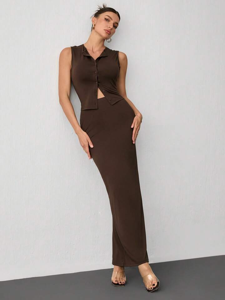 Women's Summer Casual Bottoming Sleeveless Long Skirt Slim Fit Suit and Elegant Top