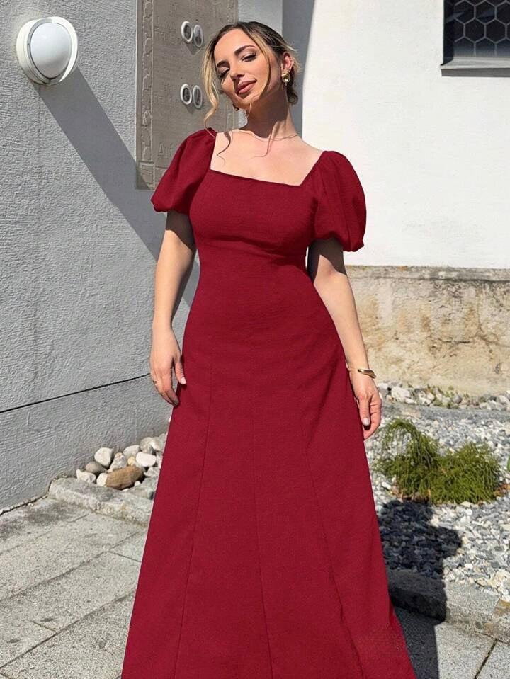 Solid Square Neck Bishop Sleeve Dress, Elegant