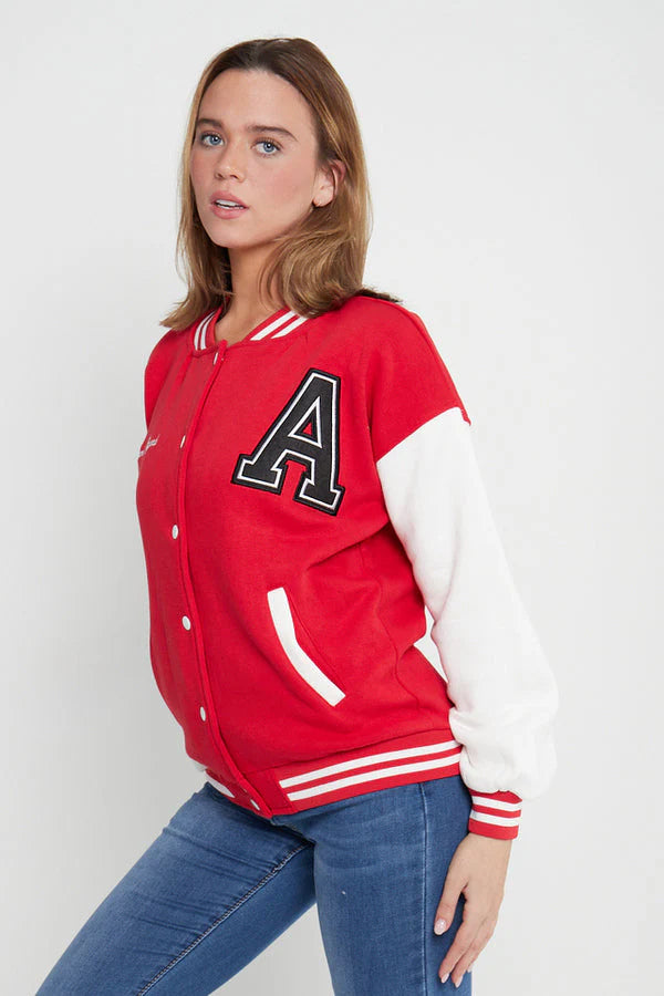 A SLOGAN LONG VERSITY BASEBALL JACKET- RED