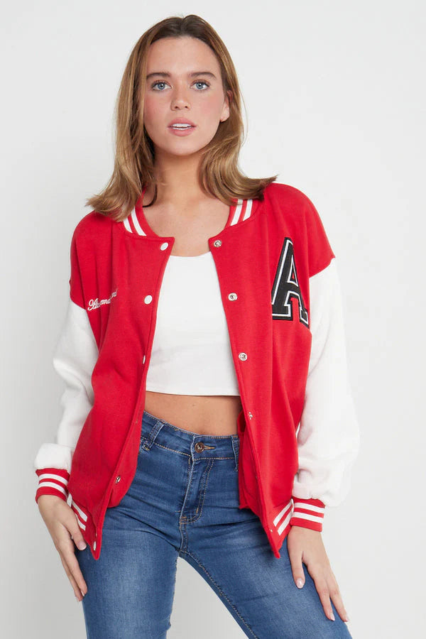 A SLOGAN LONG VERSITY BASEBALL JACKET- RED